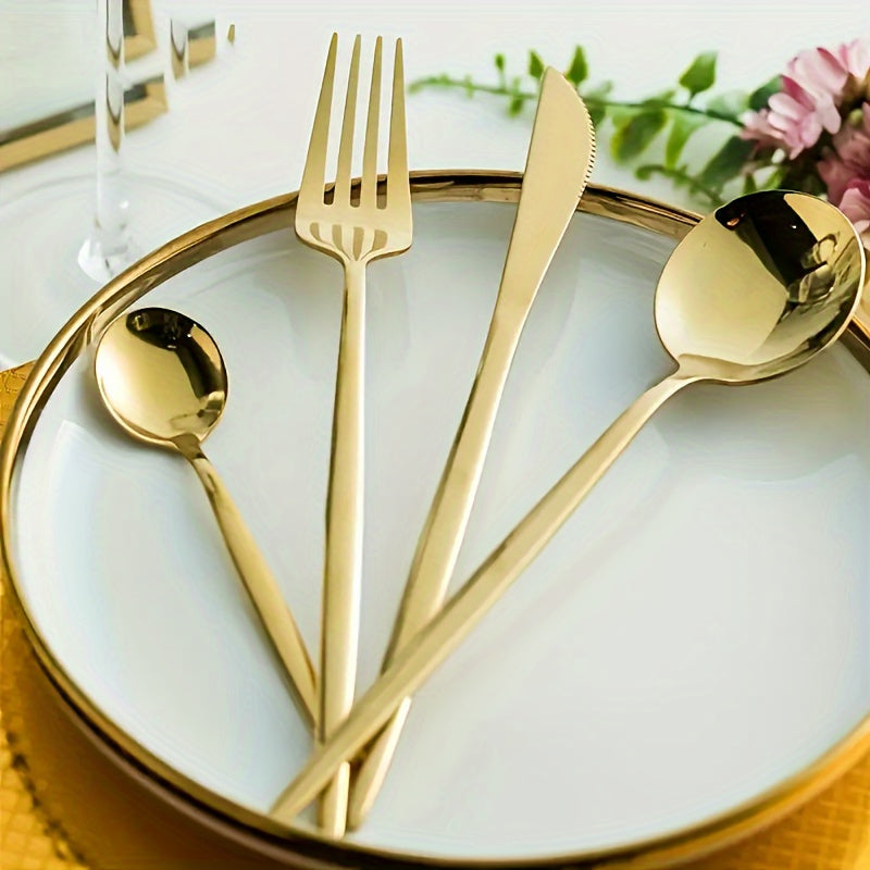 24pcs Stainless Steel Cutlery Set with Golden And Silver Options, Featuring Creative Western-Style Steak Knives, Forks, And Spoons, Suitable for Home Dining And Restaurants, Dishwasher Safe.