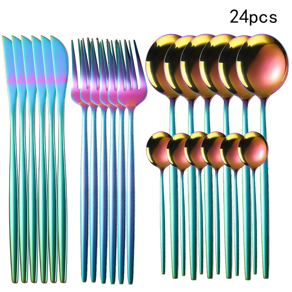 24pcs Stainless Steel Cutlery Set with Golden And Silver Options, Featuring Creative Western-Style Steak Knives, Forks, And Spoons, Suitable for Home Dining And Restaurants, Dishwasher Safe.