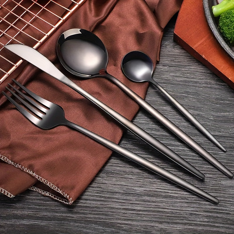 24pcs Stainless Steel Cutlery Set with Golden And Silver Options, Featuring Creative Western-Style Steak Knives, Forks, And Spoons, Suitable for Home Dining And Restaurants, Dishwasher Safe.