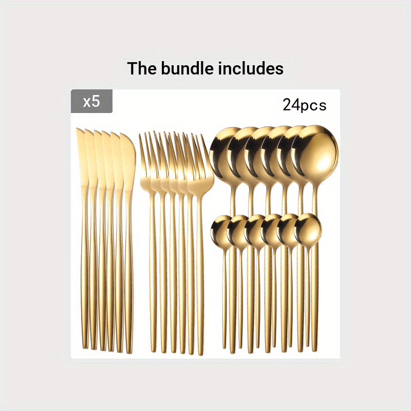 24pcs Stainless Steel Cutlery Set with Golden And Silver Options, Featuring Creative Western-Style Steak Knives, Forks, And Spoons, Suitable for Home Dining And Restaurants, Dishwasher Safe.