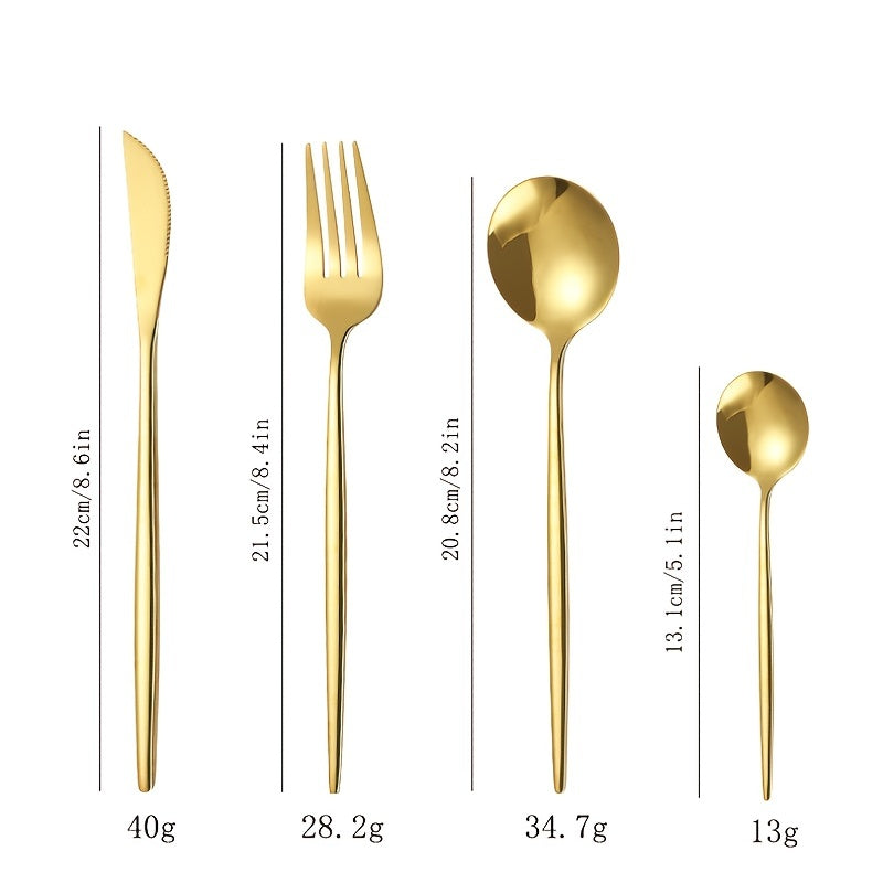 24pcs Stainless Steel Cutlery Set with Golden And Silver Options, Featuring Creative Western-Style Steak Knives, Forks, And Spoons, Suitable for Home Dining And Restaurants, Dishwasher Safe.