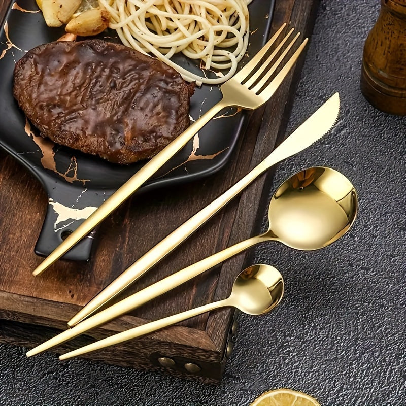 24pcs Stainless Steel Cutlery Set with Golden And Silver Options, Featuring Creative Western-Style Steak Knives, Forks, And Spoons, Suitable for Home Dining And Restaurants, Dishwasher Safe.