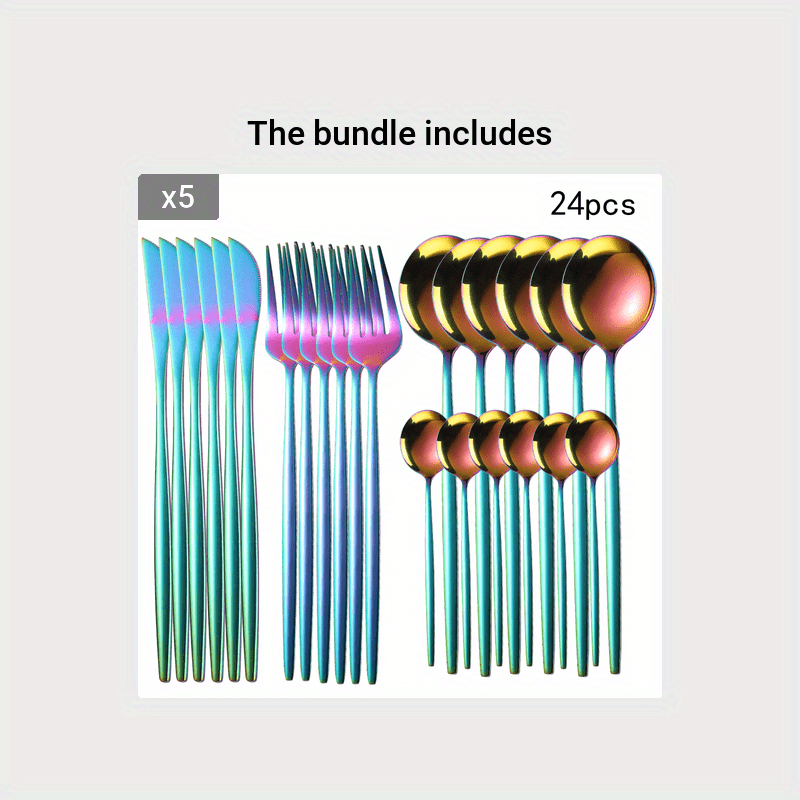 24pcs Stainless Steel Cutlery Set with Golden And Silver Options, Featuring Creative Western-Style Steak Knives, Forks, And Spoons, Suitable for Home Dining And Restaurants, Dishwasher Safe.