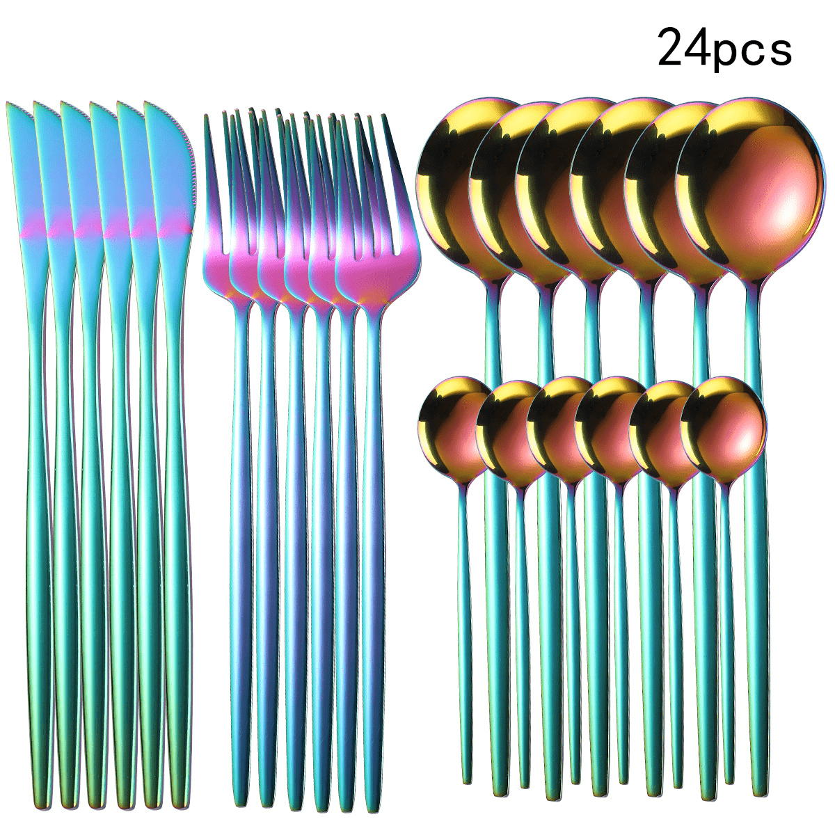 24pcs Stainless Steel Cutlery Set with Golden And Silver Options, Featuring Creative Western-Style Steak Knives, Forks, And Spoons, Suitable for Home Dining And Restaurants, Dishwasher Safe.