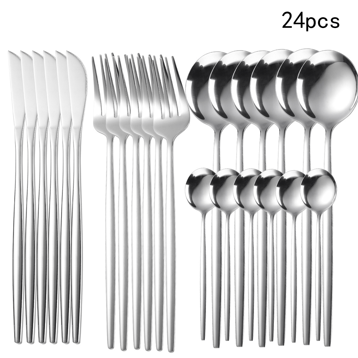 24pcs Stainless Steel Cutlery Set with Golden And Silver Options, Featuring Creative Western-Style Steak Knives, Forks, And Spoons, Suitable for Home Dining And Restaurants, Dishwasher Safe.