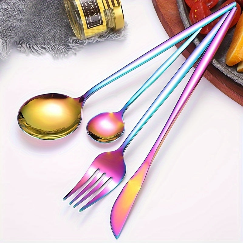 24pcs Stainless Steel Cutlery Set with Golden And Silver Options, Featuring Creative Western-Style Steak Knives, Forks, And Spoons, Suitable for Home Dining And Restaurants, Dishwasher Safe.