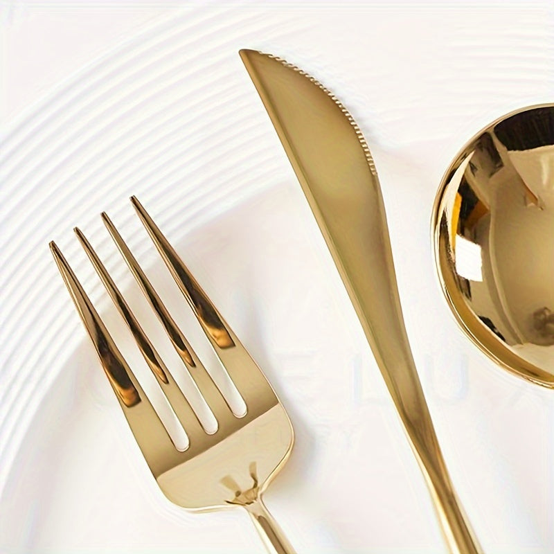 24pcs Stainless Steel Cutlery Set with Golden And Silver Options, Featuring Creative Western-Style Steak Knives, Forks, And Spoons, Suitable for Home Dining And Restaurants, Dishwasher Safe.
