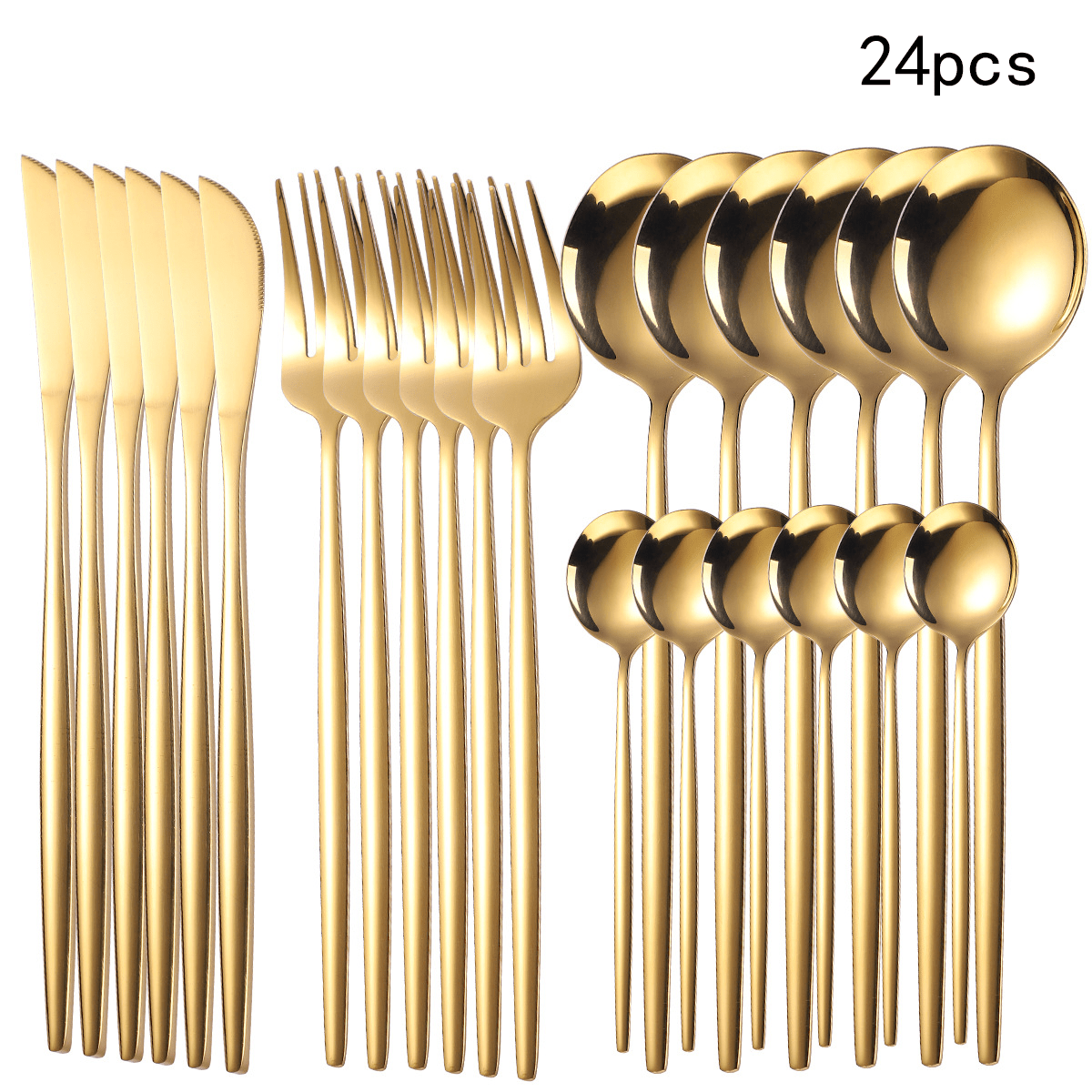 24pcs Stainless Steel Cutlery Set with Golden And Silver Options, Featuring Creative Western-Style Steak Knives, Forks, And Spoons, Suitable for Home Dining And Restaurants, Dishwasher Safe.