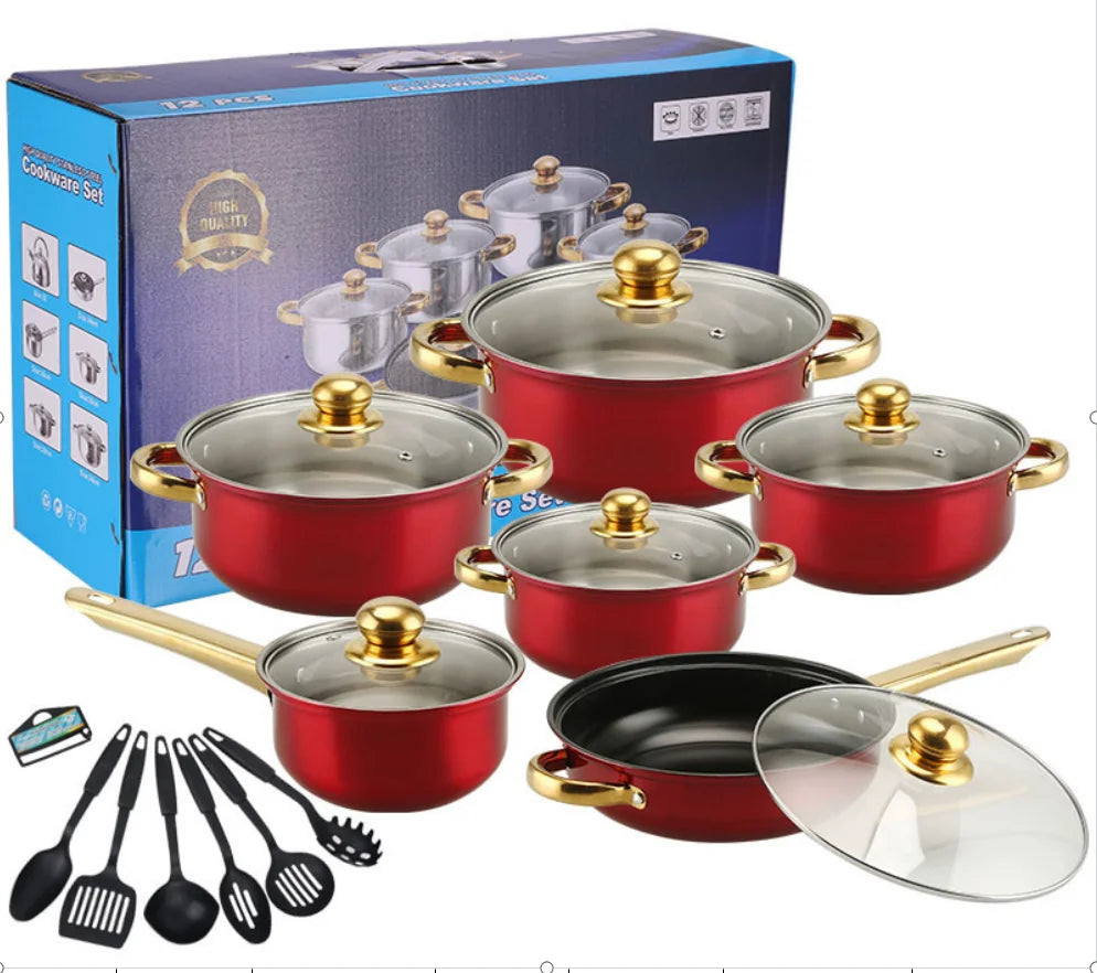 18-Piece Anti-Rust Stainless Steel Cookware Set Stock Non-Stick Kitchenware Including Fry Pan Cooking Pot for Kitchen Use Metal