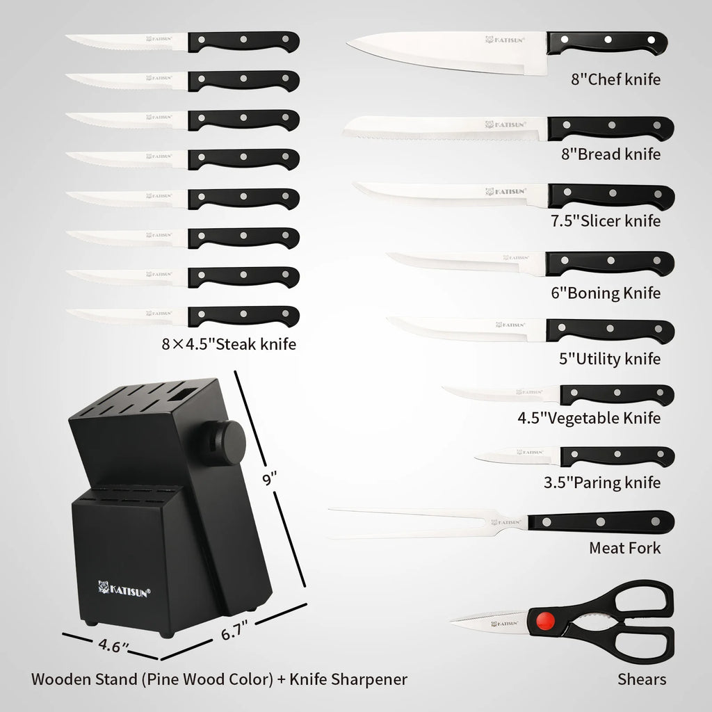 19 Pcs Home Cooking Kitchenware Steel Kitchen Chef Knife Block Set with Shears Fork Knife Sharpener