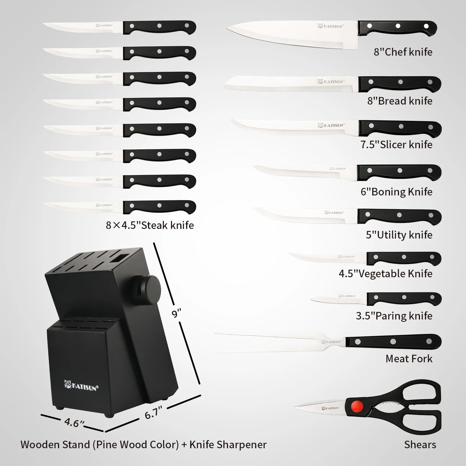 19 Pcs Home Cooking Kitchenware Steel Kitchen Chef Knife Block Set with Shears Fork Knife Sharpener