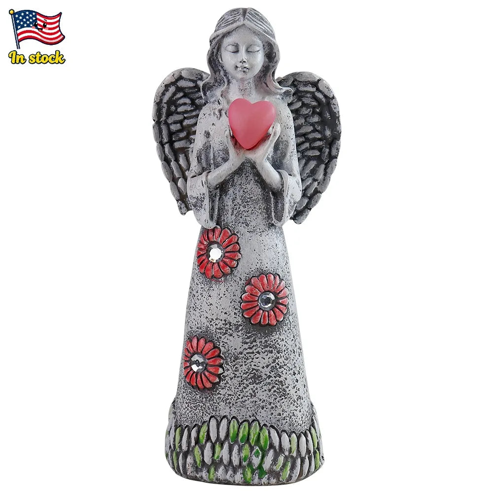 Solar-Powered Angel Statue with Flower Crown and Heart Light, Resin Angel Holding an Illuminated Heart for Yard or Patio