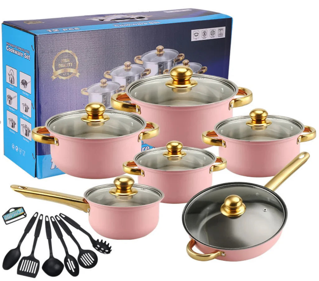18-Piece Anti-Rust Stainless Steel Cookware Set Stock Non-Stick Kitchenware Including Fry Pan Cooking Pot for Kitchen Use Metal