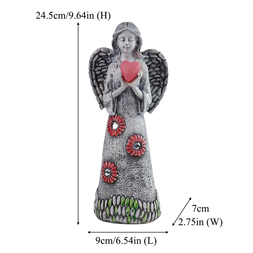 Solar-Powered Angel Statue with Flower Crown and Heart Light, Resin Angel Holding an Illuminated Heart for Yard or Patio