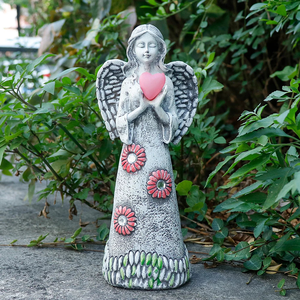 Solar-Powered Angel Statue with Flower Crown and Heart Light, Resin Angel Holding an Illuminated Heart for Yard or Patio