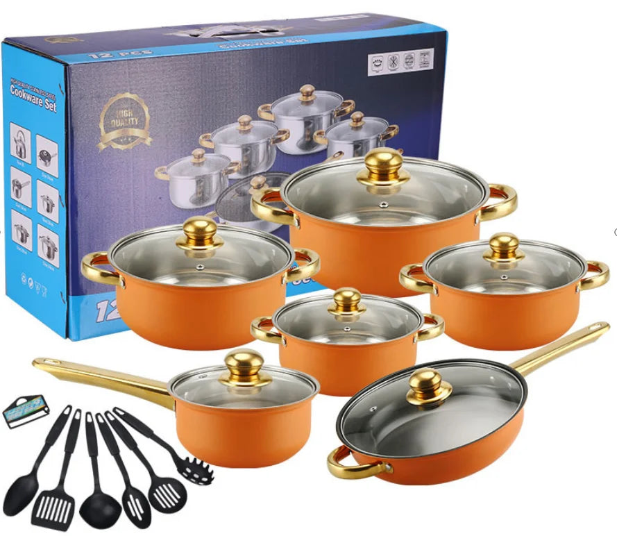 18-Piece Anti-Rust Stainless Steel Cookware Set Stock Non-Stick Kitchenware Including Fry Pan Cooking Pot for Kitchen Use Metal
