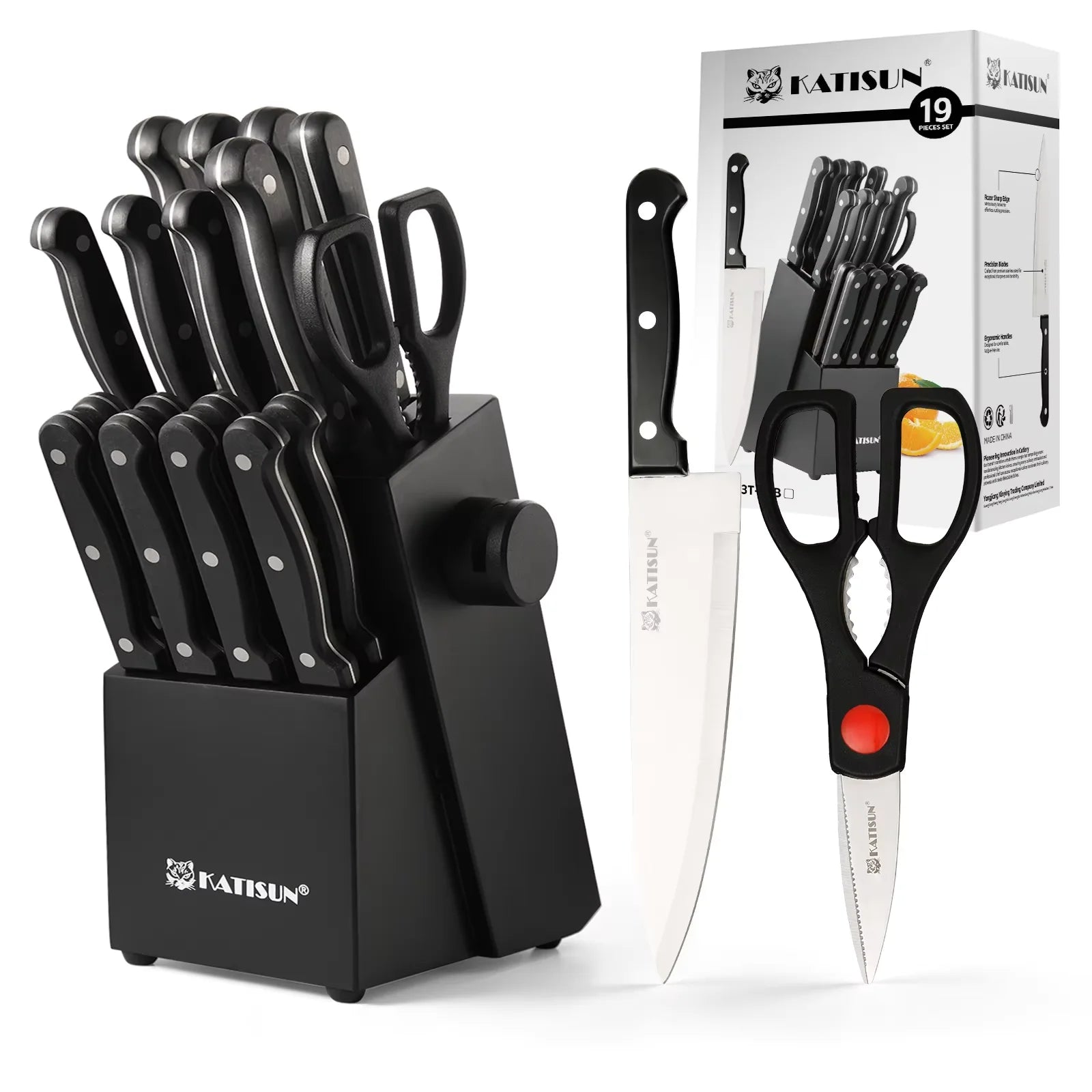19 Pcs Home Cooking Kitchenware Steel Kitchen Chef Knife Block Set with Shears Fork Knife Sharpener