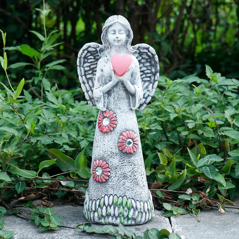 Solar-Powered Angel Statue with Flower Crown and Heart Light, Resin Angel Holding an Illuminated Heart for Yard or Patio