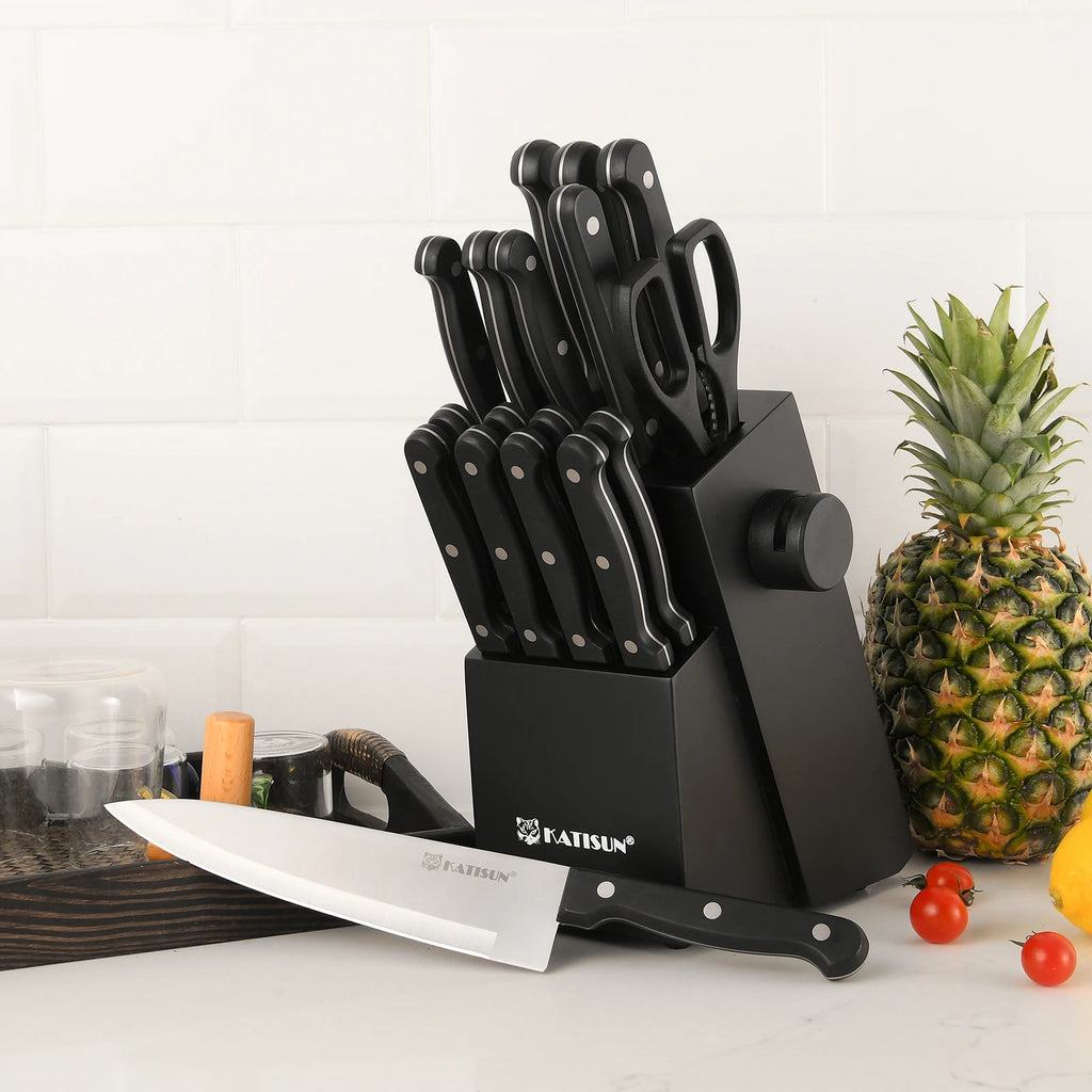 19 Pcs Home Cooking Kitchenware Steel Kitchen Chef Knife Block Set with Shears Fork Knife Sharpener
