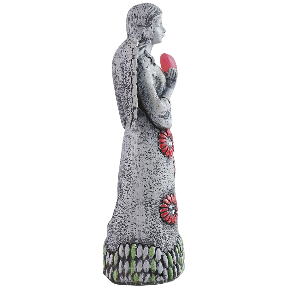 Solar-Powered Angel Statue with Flower Crown and Heart Light, Resin Angel Holding an Illuminated Heart for Yard or Patio