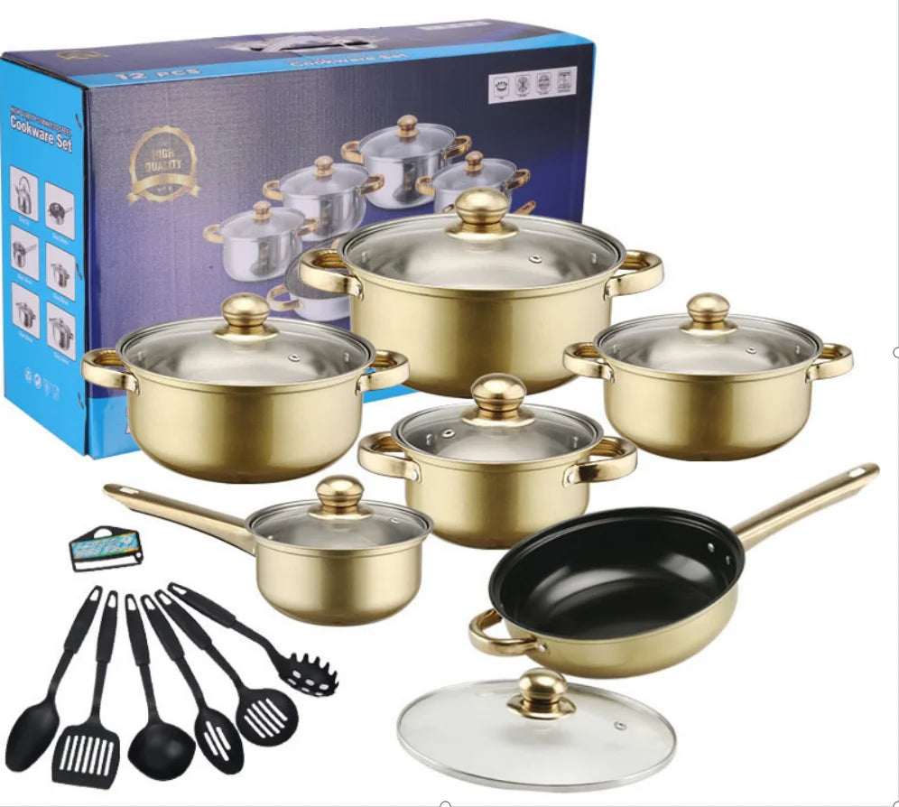 18-Piece Anti-Rust Stainless Steel Cookware Set Stock Non-Stick Kitchenware Including Fry Pan Cooking Pot for Kitchen Use Metal