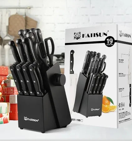 19 Pcs Home Cooking Kitchenware Steel Kitchen Chef Knife Block Set with Shears Fork Knife Sharpener