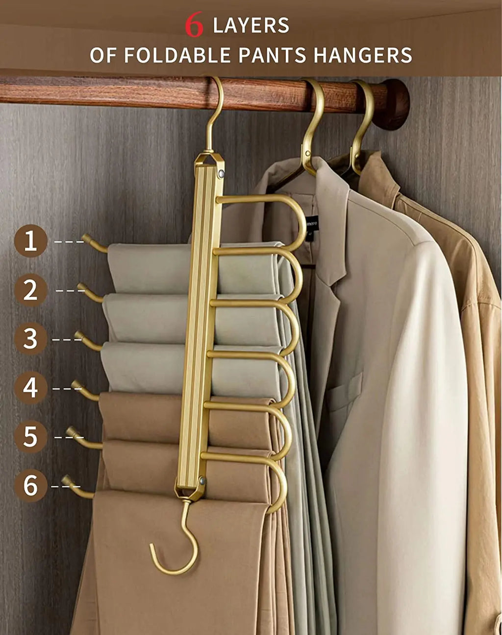 6 Layers Aluminum Pants Hangers,Space Saving Jeans Scarf Organizer,Multi-Functional Closet Heavy Rack for Slacks Skirt Trousers