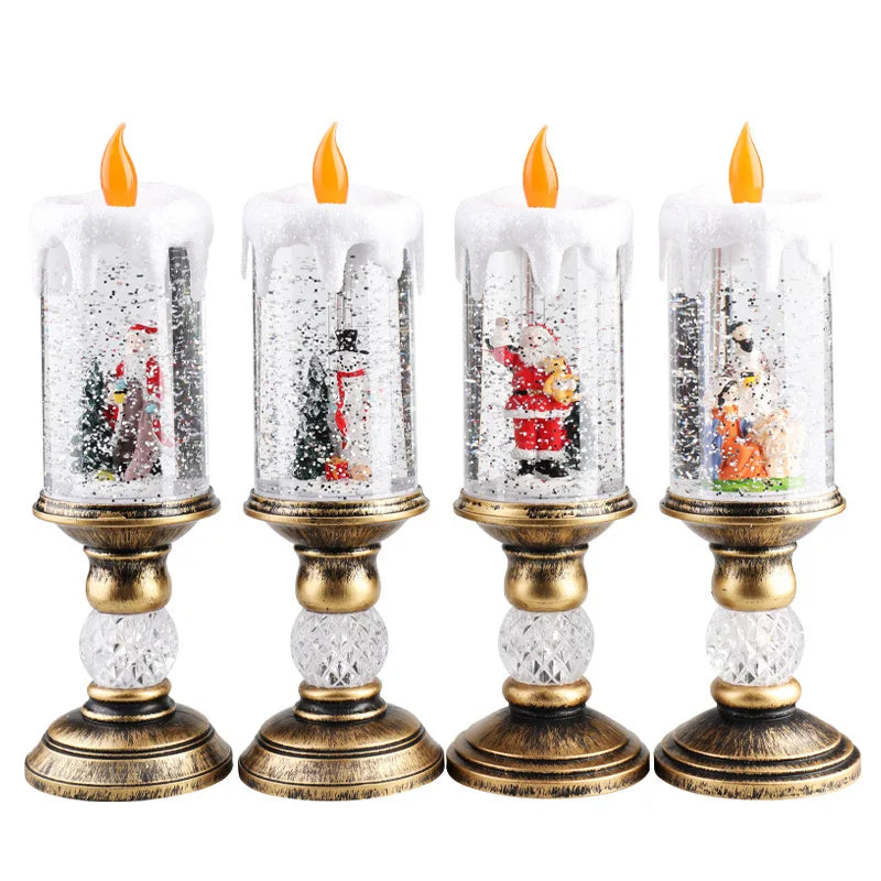 Christmas decorations: candles, crystal lights, cartoon snowflakes, birthday and Christmas gifts, scene setups