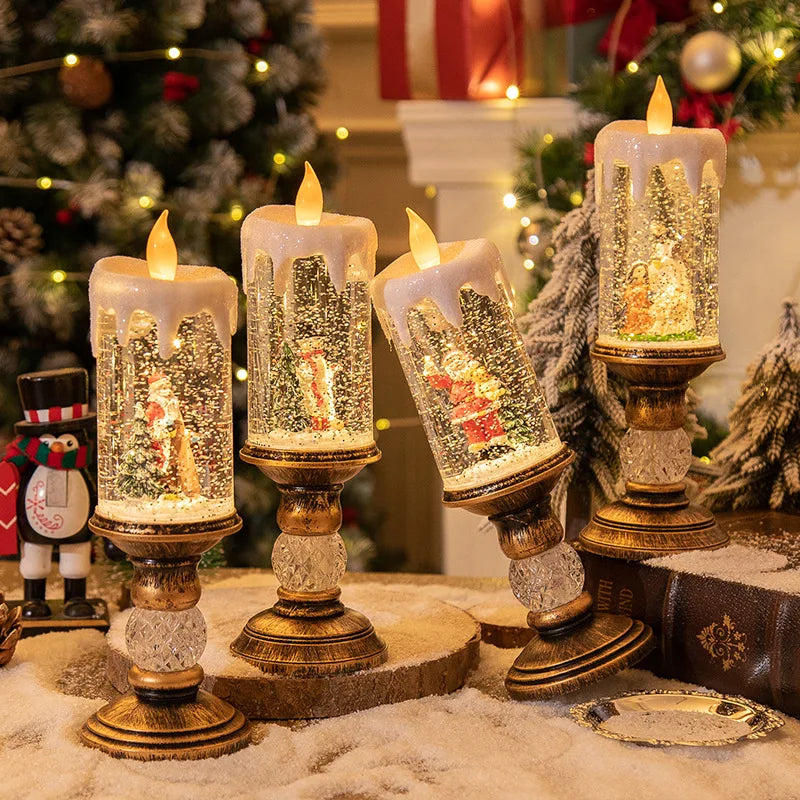 Christmas decorations: candles, crystal lights, cartoon snowflakes, birthday and Christmas gifts, scene setups