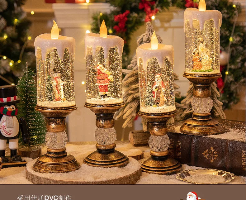 Christmas decorations: candles, crystal lights, cartoon snowflakes, birthday and Christmas gifts, scene setups