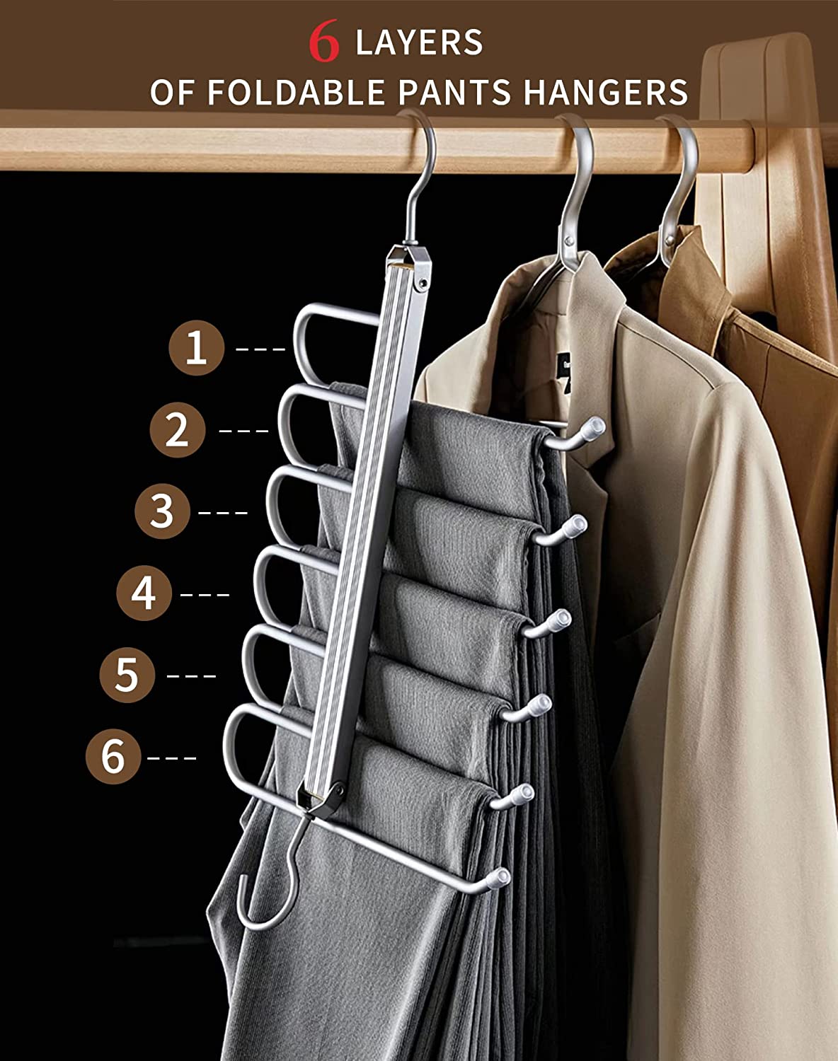 6 Layers Aluminum Pants Hangers,Space Saving Jeans Scarf Organizer,Multi-Functional Closet Heavy Rack for Slacks Skirt Trousers