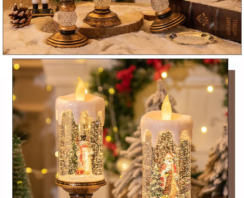 Christmas decorations: candles, crystal lights, cartoon snowflakes, birthday and Christmas gifts, scene setups