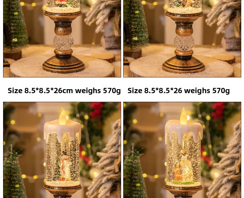 Christmas decorations: candles, crystal lights, cartoon snowflakes, birthday and Christmas gifts, scene setups