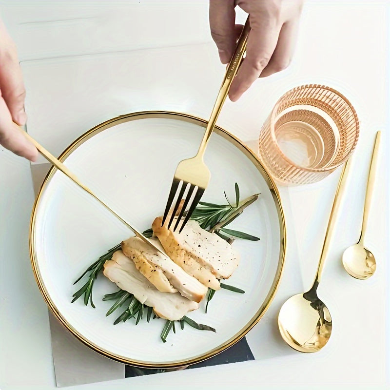 24pcs Stainless Steel Cutlery Set with Golden And Silver Options, Featuring Creative Western-Style Steak Knives, Forks, And Spoons, Suitable for Home Dining And Restaurants, Dishwasher Safe.