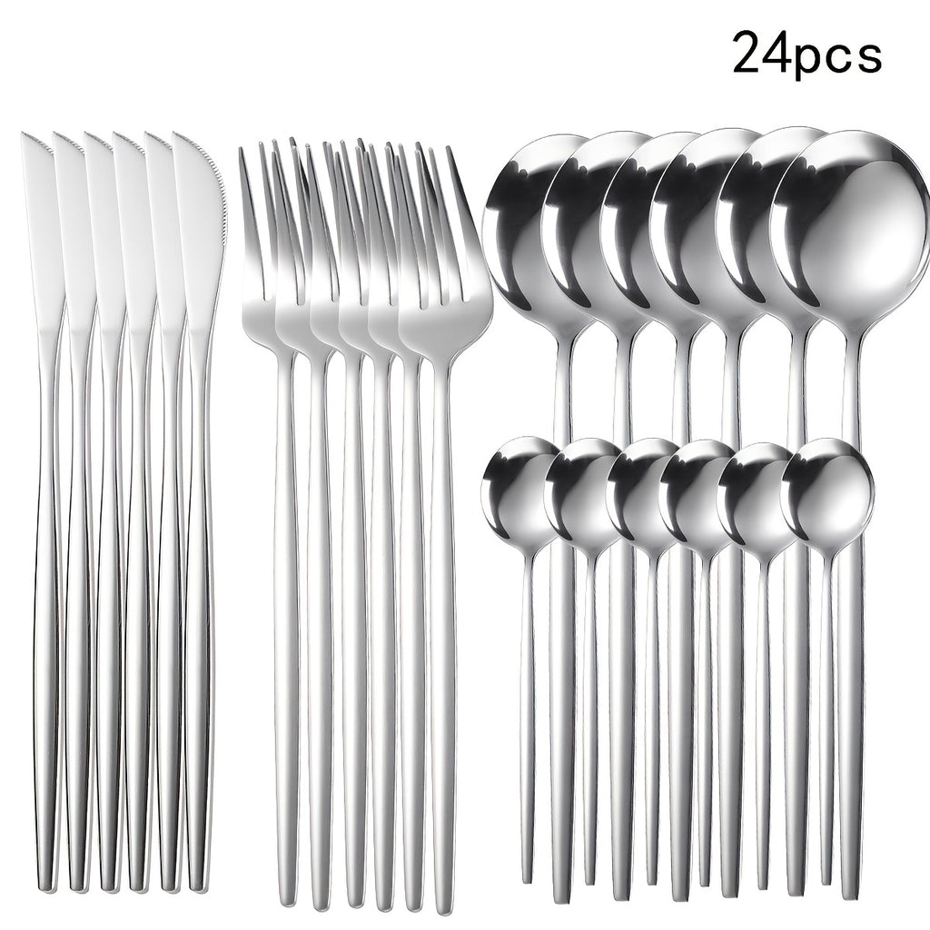 24pcs Stainless Steel Cutlery Set with Golden And Silver Options, Featuring Creative Western-Style Steak Knives, Forks, And Spoons, Suitable for Home Dining And Restaurants, Dishwasher Safe.