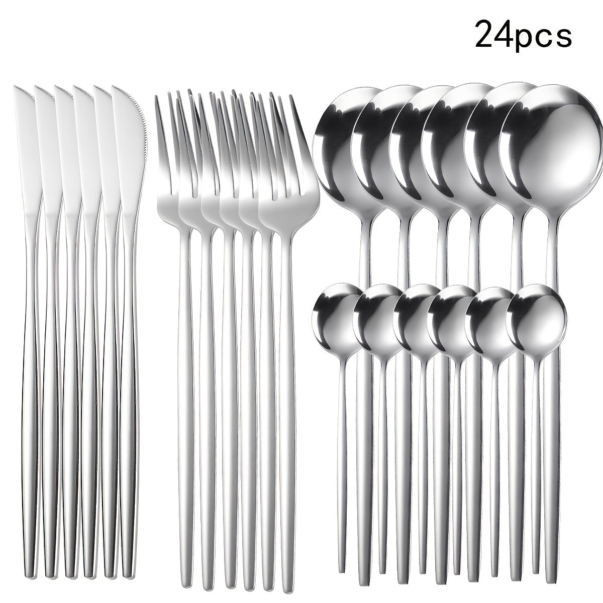 24pcs Stainless Steel Cutlery Set with Golden And Silver Options, Featuring Creative Western-Style Steak Knives, Forks, And Spoons, Suitable for Home Dining And Restaurants, Dishwasher Safe.
