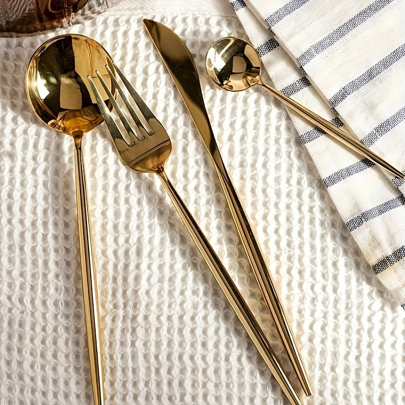 24pcs Stainless Steel Cutlery Set with Golden And Silver Options, Featuring Creative Western-Style Steak Knives, Forks, And Spoons, Suitable for Home Dining And Restaurants, Dishwasher Safe.